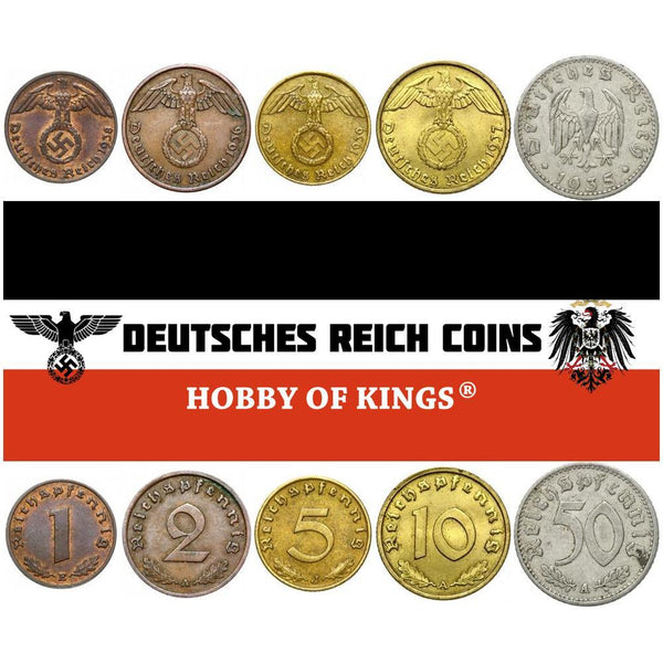 German Reich 5 Coin Set 1 2 5 10 50 Reichspfennig | Nazi Germany | Reichsadler Eagle | 1933 - 1940
