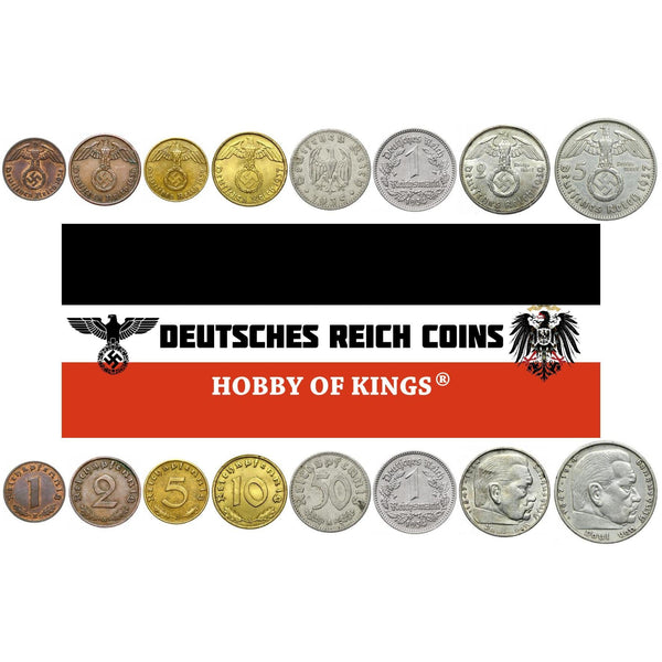 German Reich | 8 Coin Set 1 2 5 10 50 Reichspfennig 1 2 5 Reichsmark | 1933 - 1940