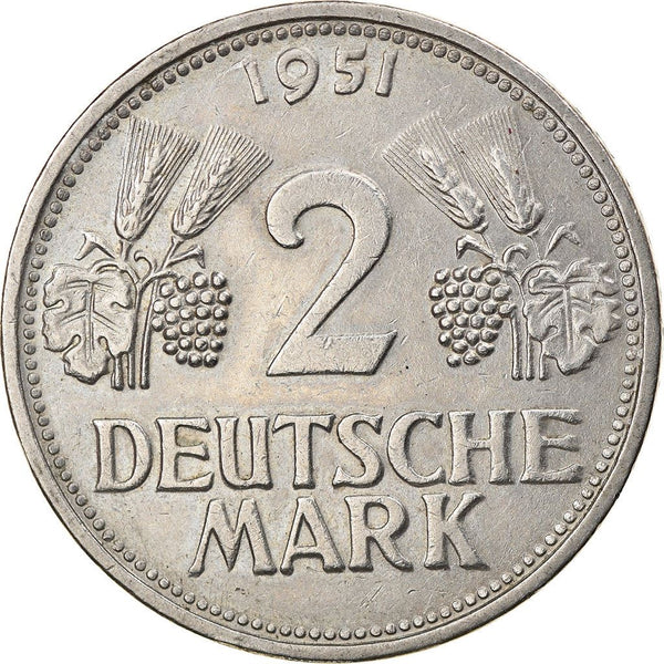 Germany 2 Deutsche Mark Coin | Grape | Rain | Eagle | KM111 | 1951