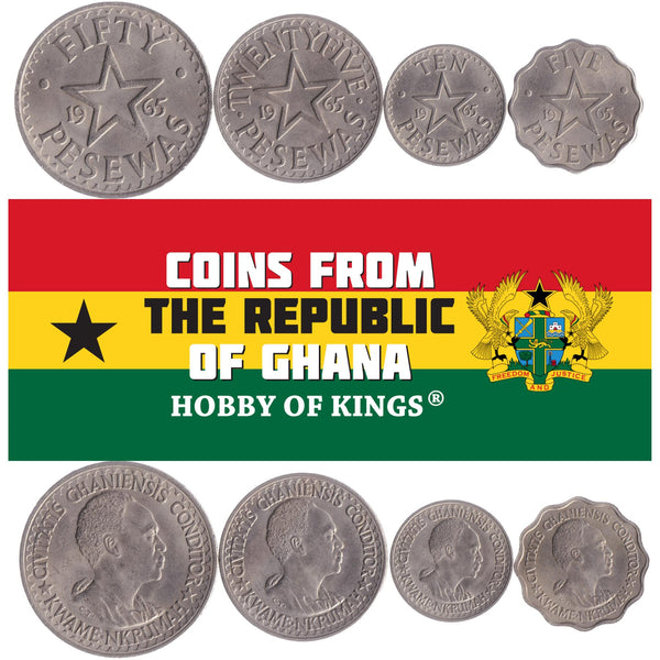 Ghanaian 4 Coin Set 5 10 25 50 Pesewas | Kwame Nkrumah | 5 pointed star | 1965