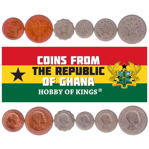 Ghanaian 6 Coin Set ½ 1 Penny 3 6 Pence 1 2 Shillings | Kwarme Nkrumah | Five pointed star | 1958