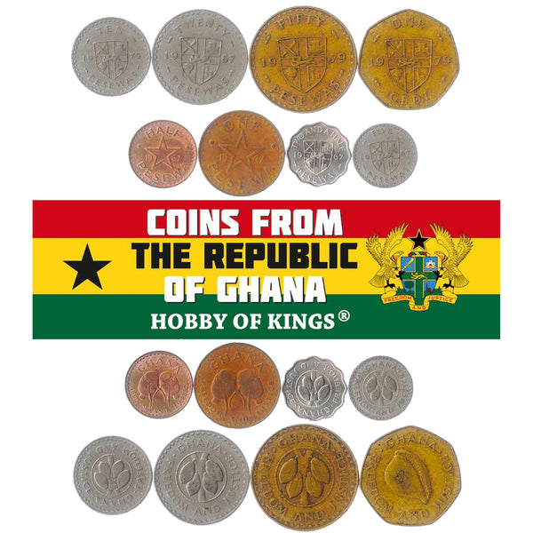 Ghanaian 8 Coin Set ½ 1 2½ 5 10 20 50 Pesewas 1 Cedi | Cocoa beans | Adowa drums | Shield | Star | Cowrie Shell | 1967 - 1979