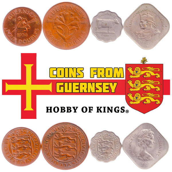 Giernésiais 4 Coin Set 4 8 Doubles 3 Pence 10 Shillings | Elizabeth II | William I | Cattle | Guernsey Lily | Guernsey | 1956 - 1966