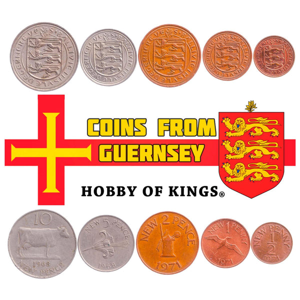 Giernésiais 5 Coin Set ½ 1 2 5 10 New Pence | Cattle | Northern Gannet | Leopard | Guernsey Lily | Guernsey | 1968 - 1971