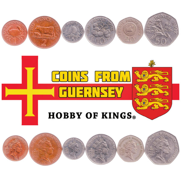 Giernésiais 6 Coin Set 1 2 5 10 20 50 Pence | Elizabeth II | Cattle | Crab | Tomato | Freesia | Cogwheel | Guernsey | 1990 - 1997