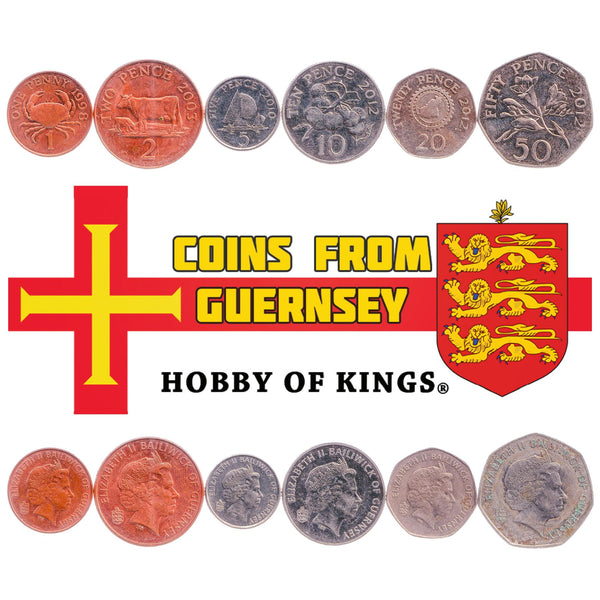 Giernésiais 6 Coin Set 1 2 5 10 20 50 Pence | Elizabeth II | Cattle | Crab | Tomato | Freesia | Cogwheel | Guernsey | 1998 - 2012