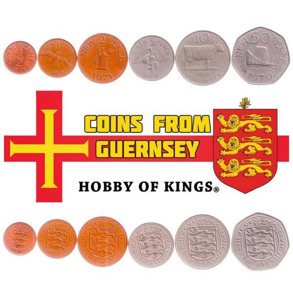 Giernésiais 6 Coin Set ½ 1 2 5 10 50 New Pence | Cattle | Northern Gannet | Leopard | Guernsey Lily | Guernsey | 1968 - 1971