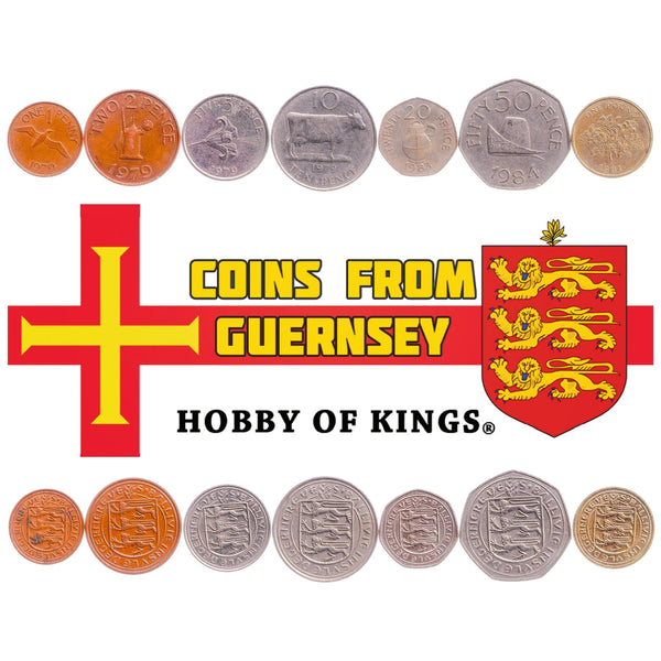 Giernésiais 7 Coin Set 1 2 5 10 20 50 Pence 1 Pound | Cattle | Gannet | Windmill | Guernsey Lily | Guernsey | 1977 - 1984