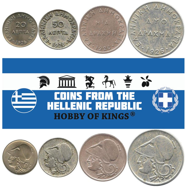 Greece | 4 Coin Set | 20 50 Lepta 1 2 Drachmai | Athena | 1926
