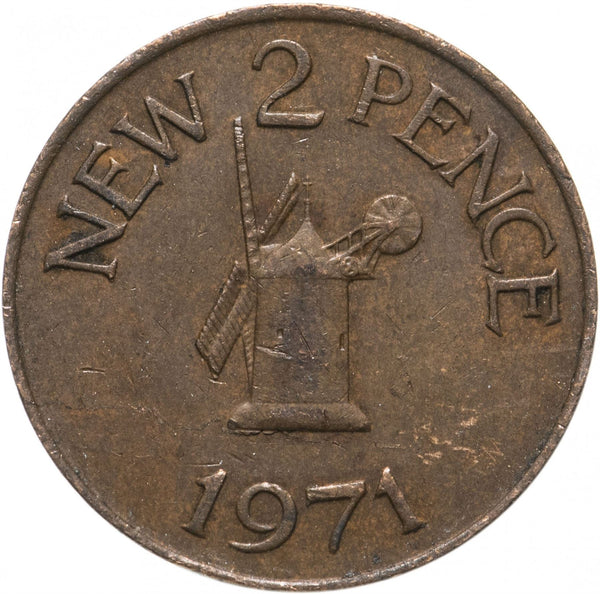 Guernsey Coin | 2 New Pence | Queen Elizabeth II | Sark Windmill | KM22 | 1971