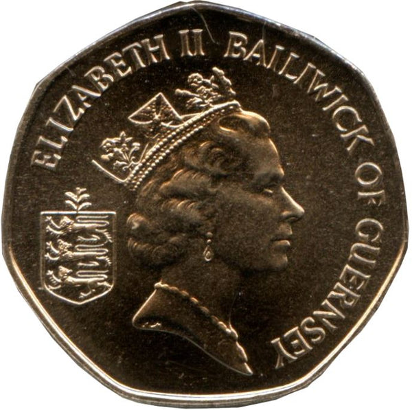 Guernsey Coin | 20 Pence | Queen Elizabeth II | Cogwheel | Island Map | KM44 | 1985 - 1997