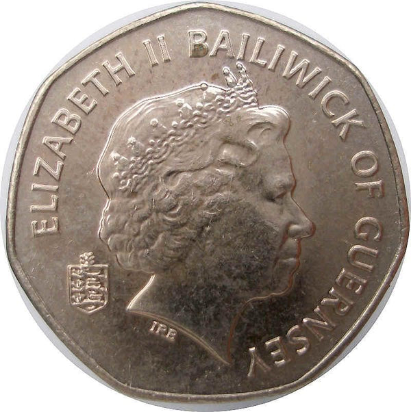 Guernsey Coin | 20 Pence | Queen Elizabeth II | Cogwheel | Island Map | KM90 | 1999 - 2012