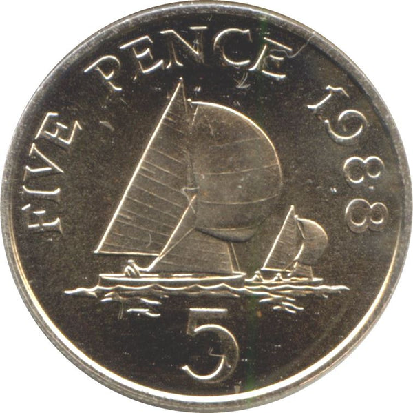 Guernsey Coin | 5 Pence | Queen Elizabeth II | Sailing Boat | Yacht | KM42.1 | 1985 - 1990