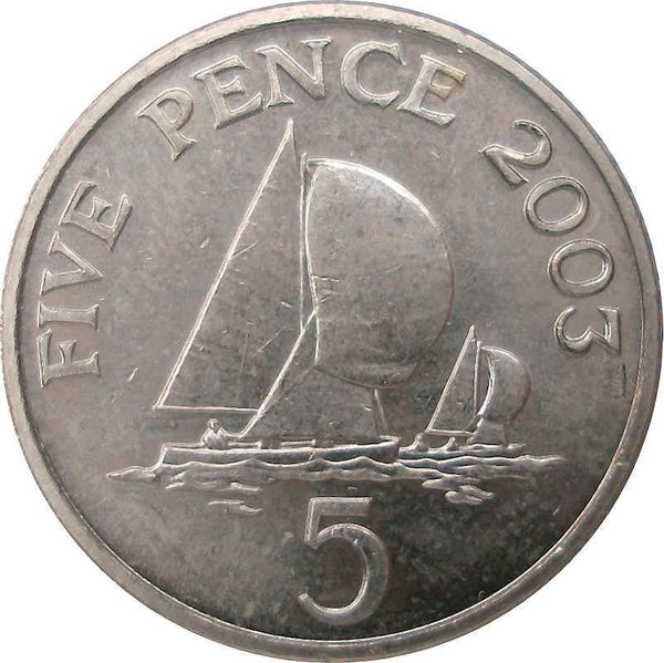Guernsey Coin | 5 Pence | Queen Elizabeth II | Sailing Boat | Yacht | KM97 | 1999 - 2010