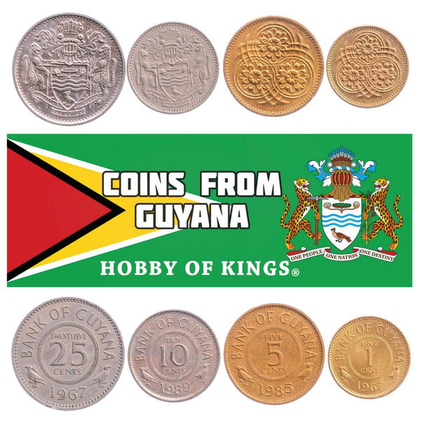 Guyanese 4 Coin Set 1 5 10 25 Cents | Lotus | Hoatzin | 1967 - 1992