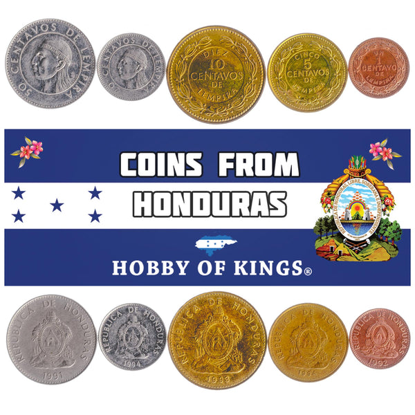 Honduran 5 Coin Set 1 5 10 20 50 Centavos | Pyramid | Lempira | 1991 - 1994