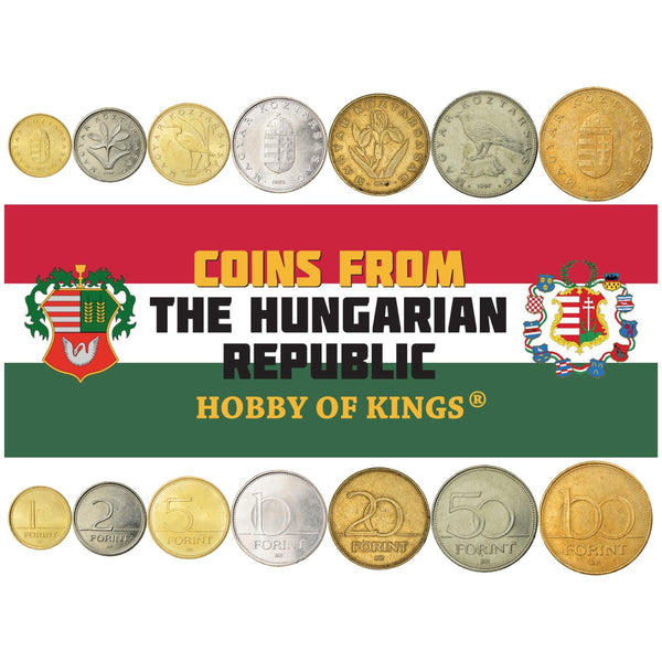 Hungarian 7 Coin Set 1 2 5 10 20 50 100 Forint | Great Egret | Saker Falcon | Jersey Lily | Iris Variegata | Hungary | 1992 - 1998