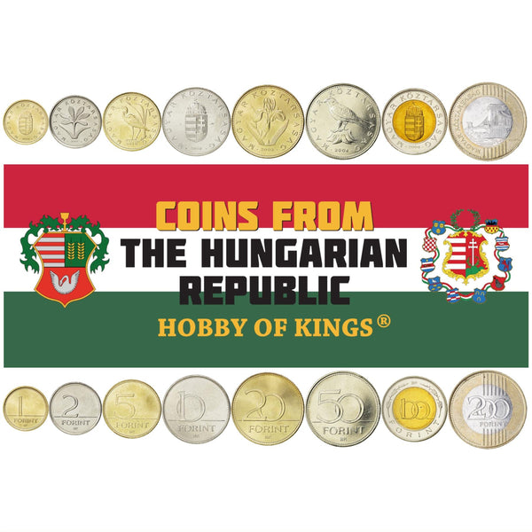 Hungarian 8 Coin Set 1 2 5 10 20 50 100 200 Forint | Great Egret | Saker Falcon | Széchenyi Chain Bridge | Jersey Lily | Iris Variegata | Hungary | 1999 - 2011