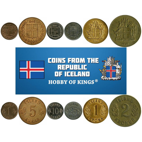 ICELAND.SET.1946 | Icelander 6 Coin set 1 Eyrir 2 5 10 25 Aurar 1 2 Kronur | 1946