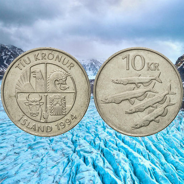 Iceland 10 Kronur Coin | Icelander Bull Grioungur | Eagle Gammur | Dragon Dreki | Giant Bergrisi | Capelin Fish | KM29 | 1984 - 1994