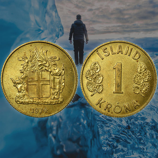 Iceland Coin Icelander 1 Króna | Bull Grioungur | Eagle Gammur | Dragon Dreki | Giant Bergrisi | Betula Pubescens | KM12a | 1957 - 1975