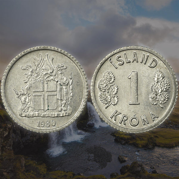 Iceland Coin Icelander 1 Krona | Bull Grioungur | Eagle Gammur | Dragon Dreki | Giant Bergrisi | Betula Pubescens | KM23 | 1976 - 1980