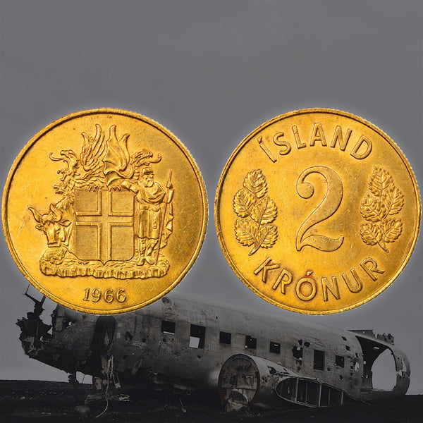 Iceland Coin Icelander 2 Kronur | Bull Grioungur | Eagle Gammur | Dragon Dreki | Giant Bergrisi | Betula Pubescens | KM13a | 1958 - 1966