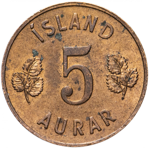 Iceland Coin Icelander 5 Aurar | Betula Pubescens Leaves | KM9 | 1946 - 1966