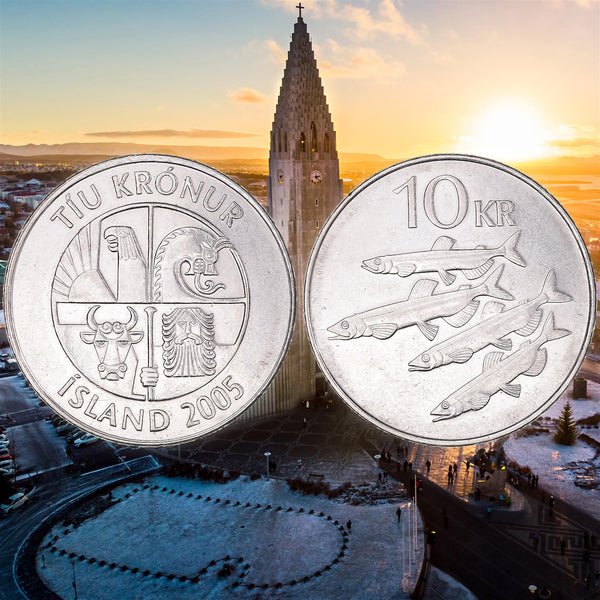 Icelander 10 Kronur Coin | Bull Grioungur | Eagle Gammur | Dragon Dreki | Giant Bergrisi | Capelin Fish | Iceland | KM29.1a | 1996 - 2008