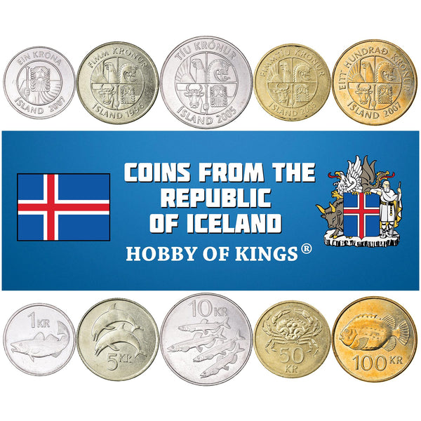 Icelander 5 Coin Set 1 5 10 50 100 Krónur | Bull | Eagle | Stingray | Cod | Cyclopterus Lumpus | Dolphins | Landvættir | Iceland | 1987 - 2011