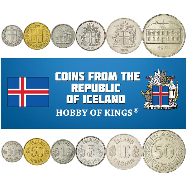 Icelander 6 Coin Set 10 50 Aurar 1 5 10 50 Krónur | Parliament Building | Landvættir | Iceland | 1967 - 1980