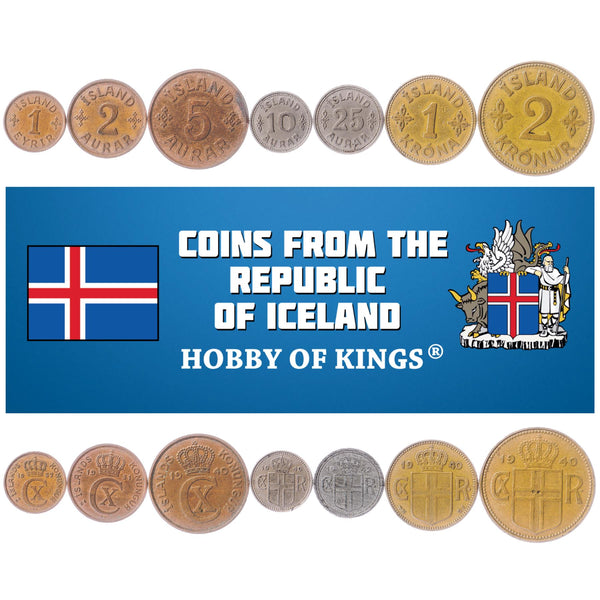 Icelander 7 Coin Set 1 Eyrir 2 5 10 25 Aurar 1 2 Krónur | King Christian X Monogram | Iceland | 1922 - 1942