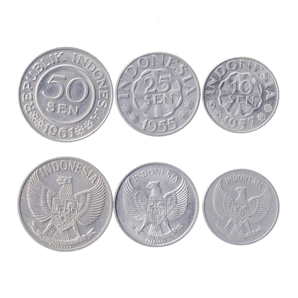 Indonesian 3 Coin Set 10 25 50 Sen | Blossoms | Scalloped Shape | Garuda Pancasila | Indonesia | 1955 - 1961
