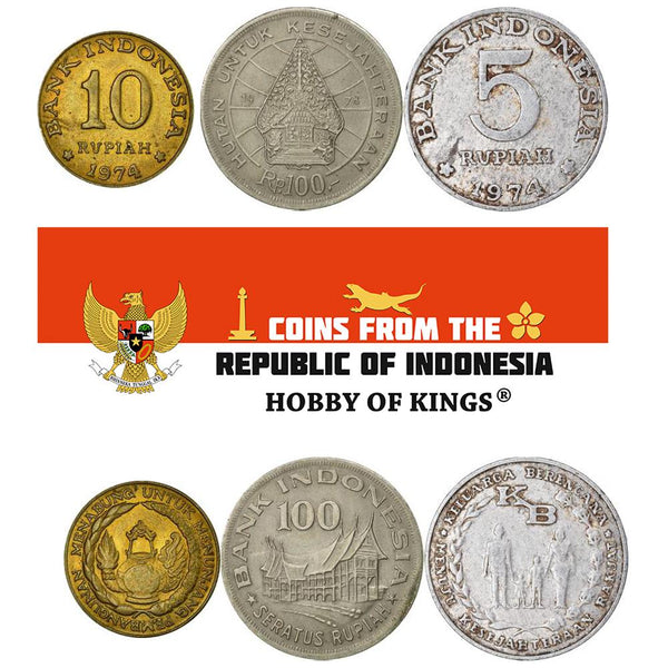 Indonesian 3 Coin Set 5 10 100 Rupiah | Parents With 2 Children | Minangkabau | Oil Lamp | Batang Garing | Indonesia | 1974 - 1978