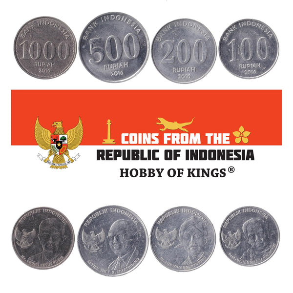 Indonesian 4 Coin Set 100 200 500 1000 Rupiah | Diponegoro | Tjipto Mangoenkoesoemo | Tahi Bonar Simatupang | Herman Johannes | 2016