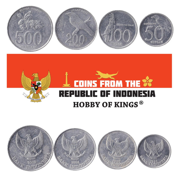 Indonesian 4 Coin Set 50 100 200 500 Rupiah | Jasmine | Black-naped Oriole | Garuda Pancasila | Palm Cockatoo | Bali myna | 1999 - 2005