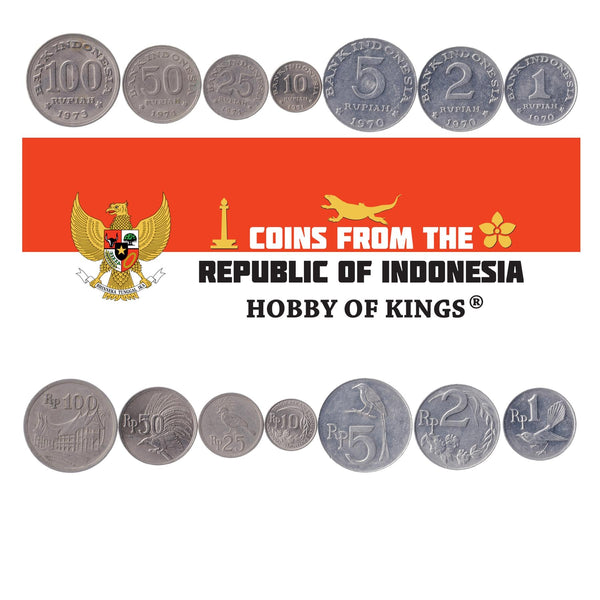 Indonesian 7 Coin Set 1 2 5 10 25 50 100 Rupiah | Cotton stalks | White-browed fantail | Black drongo | Victoria Crowned Pigeon | Greater bird-of-paradise | 1970 - 1978