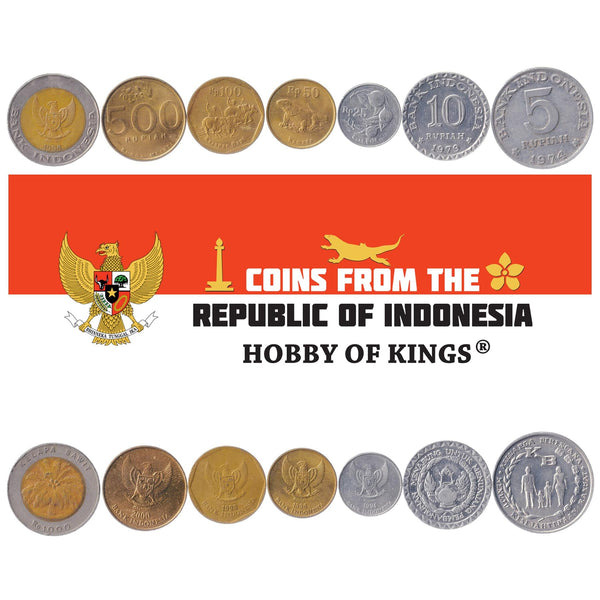 Indonesian 7 Coin Set 5 10 25 50 100 500 1000 Rupiah | Nutmeg | Oil Palm | Jasmine | Bull | Komodo dragon | Oil lamp | Garuda Pancasila | 1974 - 2003