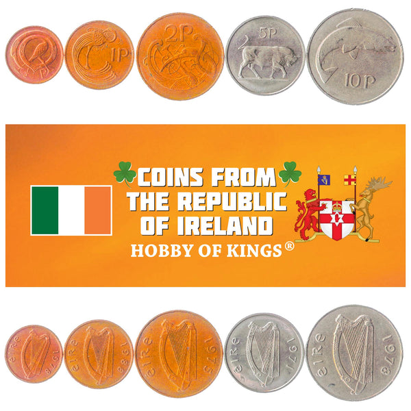 Irish 5 Coin Set 1/2 1 2 5 10 Pence | Bull | Salmon | Celtic Harp | Ireland | 1969 - 1990
