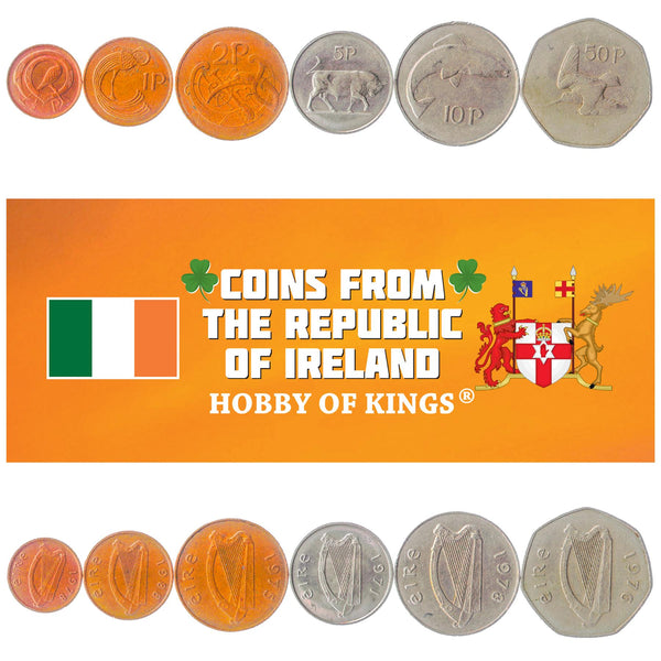 Irish 6 Coin Set 1/2 1 2 5 10 50 Pence | Bull | American Woodcock | Salmon | Celtic Harp | Ireland | 1969 - 1990