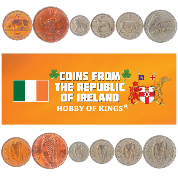 Irish 6 Coin Set Pingin Reul Scilling Floirin | Bull | Swine | Irish Wolfhound | Hen | Salmon | Hare | Celtic Harp | Ireland | 1939 - 1969