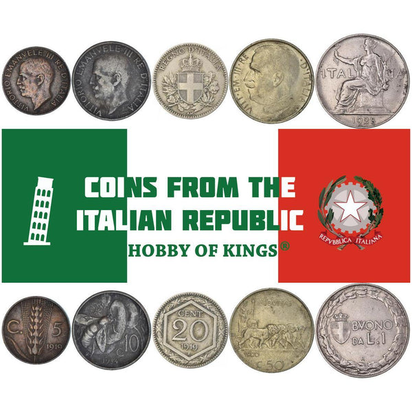Italian 5 Coin Set 5 10 20 50 Centesimi 1 Lira | Honey Bee | Chariot | Winged Victory | Torch | 1918 - 1937