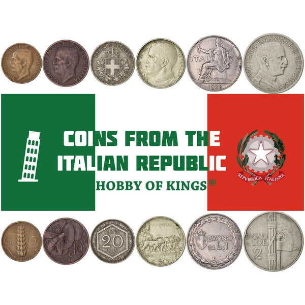 Italian 6 Coin Set 5 10 20 50 Centesimi 1 2 Lire | Lions | Honey Bee | Chariot | 1918 - 1937