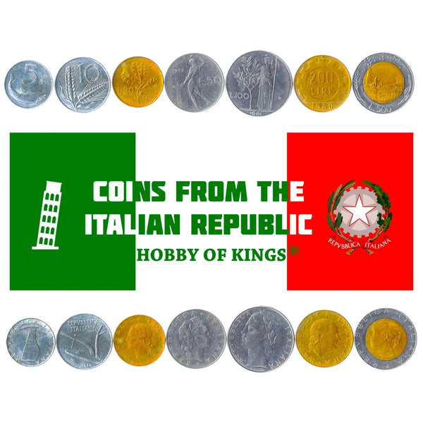 Italian 7 Coin Set 5 10 20 50 100 200 500 Lire | Dolphin | Piazza del Quirinale | Ship | Star | Long Spear | Minerva | Gear | Plough | Cornucopia | Wheat Sprigs | Meridian | Vulcan | Iron | Anvil | 1951 - 2001