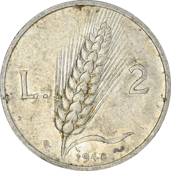 Italy | 2 Lire Coin | Farmer | Plowing Field | Wheat Ear | KM88 | 1946 - 1950
