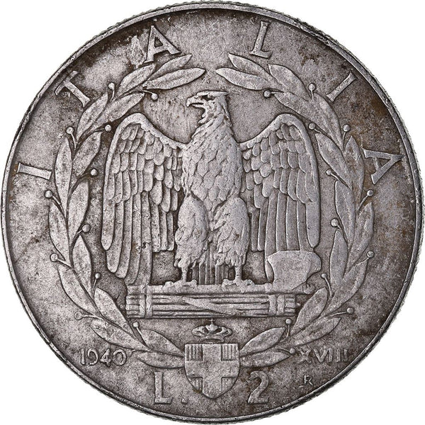 Italy 2 Lire Coin | Vittorio Emanuele III | Eagle | Fasces | Axe | KM78b | 1939 - 1943