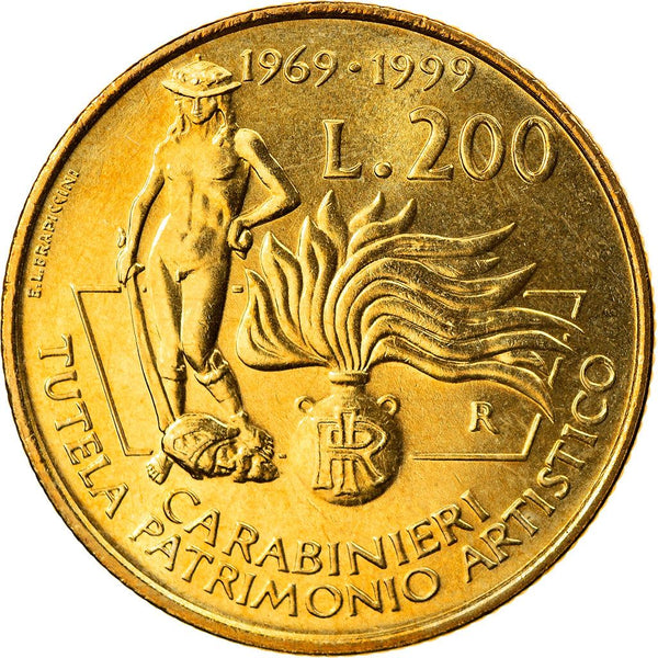 Italy 200 Lire Coin | Carabinieri Art Squad | David Statue | Donatello | KM218 | 1999