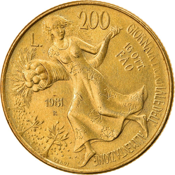 Italy 200 Lire Coin | FAO - World Food Day | Villa Lubin | Cornucopia | KM109 | 1981