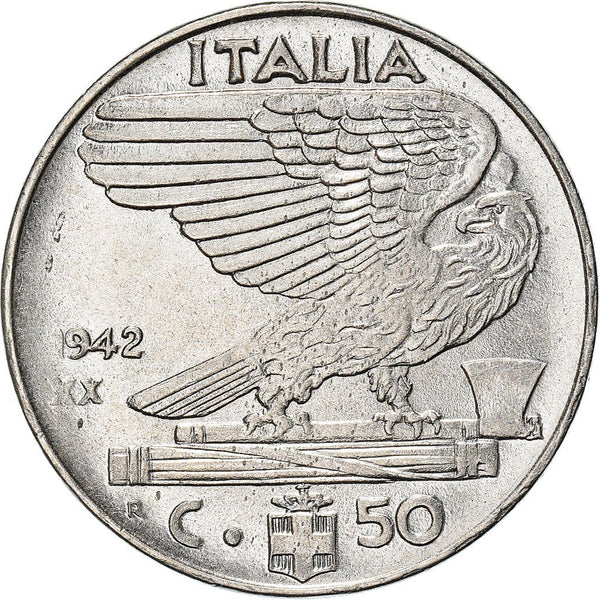 Italy 50 Centesimi Coin | Vittorio Emanuele III | Eagle | Fasces | Axe | KM76b | 1939 - 1943