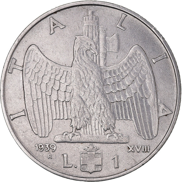 Italy Coin 1 Lira - Vittorio Emanuele III | Eagle | Savoy Shield | Axe | KM77a | 1939 - 1940